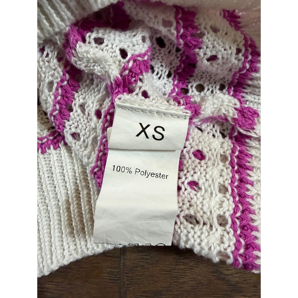 Pink White Striped Pointelle Knit Ruffle Sleeve Sweater Top Womens XS - Picture 4 of 4
